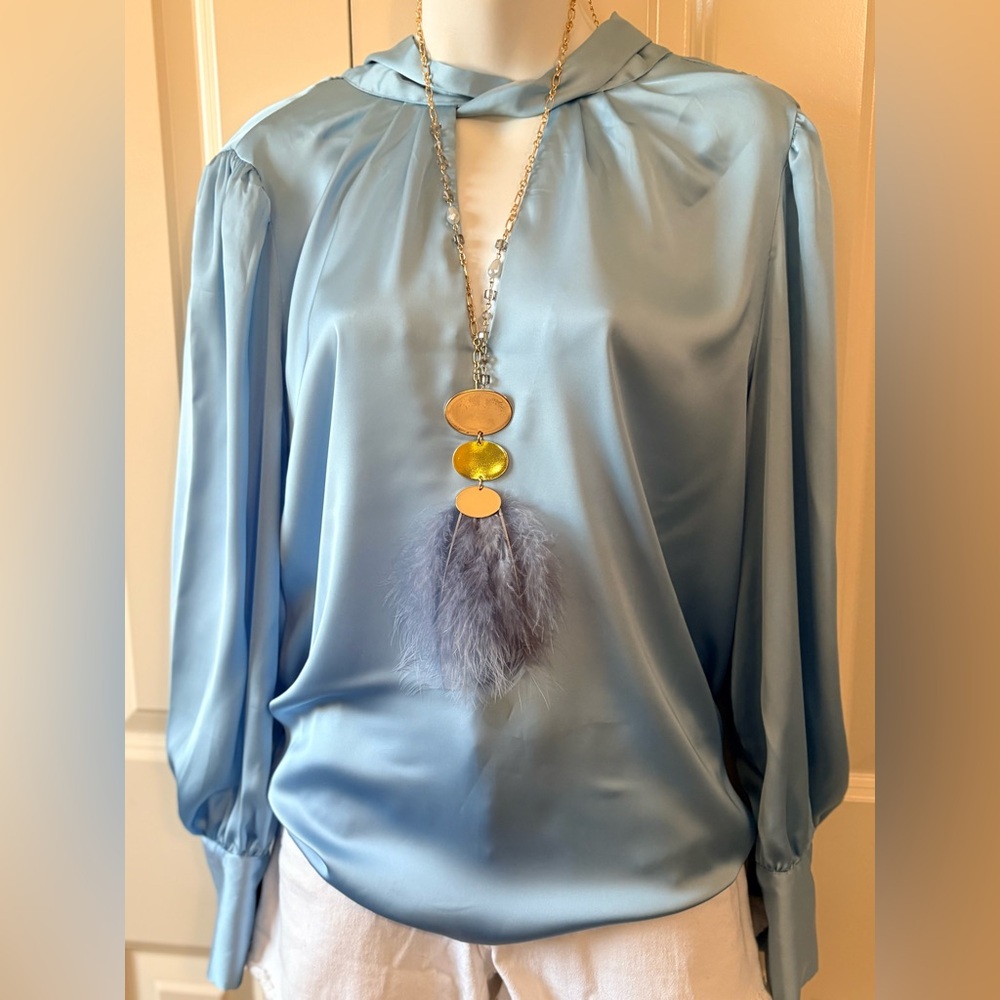 Zara Light Blue Satin Long Sleeve Blouse